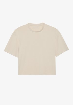 Abgeschnittenes kurzärmeliges T-Shirt in hellbeige, aus weicher Baumwolle gefertigt, mit Rundhalsausschnitt und minimalistischem Design ohne Muster.