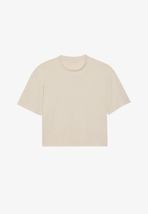 Abgeschnittenes kurzärmeliges T-Shirt in hellbeige, aus weicher Baumwolle gefertigt, mit Rundhalsausschnitt und minimalistischem Design ohne Muster.