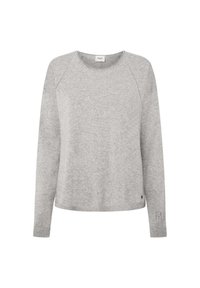 Světle šedý svetr vyrobený z pleteniny. Disponuje kulatým výstřihem, dlouhými raglánovými rukávy a jemným logem na rukávu.