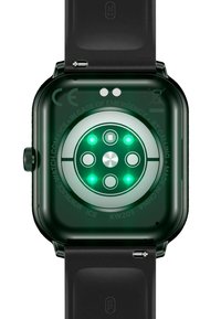 Montre intelligente vert foncé au design épuré, présentant un dos rond avec des capteurs et des boutons, accompagnée d'un bracelet noir.