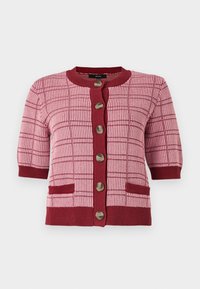 Cardigan en tricot rose et bordeaux avec des manches courtes, des grands boutons sur le devant, un motif à carreaux et deux poches avant.