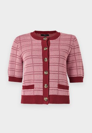Pink and burgundy knit cardigan with short sleeves, large buttons down front, checkered pattern, and two front pockets.