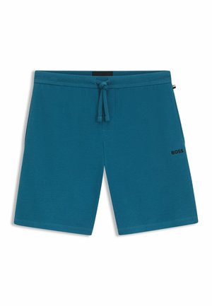 Turkosa shorts i texturerat tyg, med dragsko i midjan och en sidoficka. "BOSS"-logotyp i svart tryckt på benet.