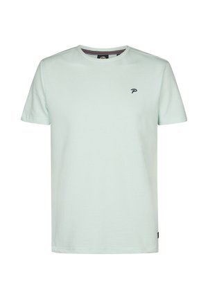 Effen lichtgroen T-shirt met korte mouwen en ronde hals, met klein donker logo op de linkerborst en subtiele textuur.