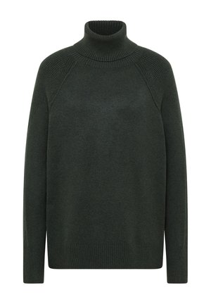 Suéter de cuello alto de color verde oscuro con detalles acanalados, mangas largas y un corte holgado. Fabricado con un material de punto suave y texturizado.