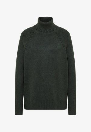 Tmavě zelený rolák se žebrovaným detailem, dlouhými rukávy a volným střihem. Vyroben z měkkého, texturovaného pleteného materiálu.