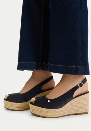 Fødder i mørkeblå slingback kilehælssandaler med flettede platformsåler, kombineret med mørkeblå viddebenede cropped jeans.