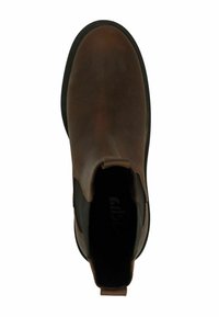 Bottine Chelsea en cuir marron avec des panneaux élastiques noirs sur les côtés et une languette au dos, présentée en vue de dessus sur un fond blanc.