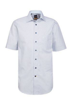 Camicia a maniche corte, con bottoni, di colore blu chiaro con intricati motivi geometrici bianchi, dotata di bottoni blu scuro e colletto classico.