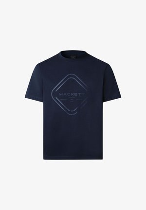 Navy Baumwoll-T-Shirt mit kurzen Ärmeln, das ein dezentes, dunkelblaues grafisches Diamantenmuster sowie den Schriftzug "HACKETT" in der Mitte aufweist.