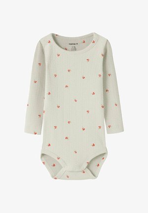 Light beige long-sleeve baby onesie with small red berry clusters printed all over and snap buttons at the crotch.