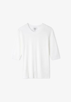 Weißer kurzärmeliger Strickpullover mit rundem Ausschnitt und gerippten Bündchen sowie Saum, flach auf einem weißen Hintergrund liegend.