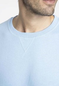 Pull bleu clair avec un col rond, des poignets et un ourlet côtelés. Le tissu semble lisse avec une texture subtile et un détail en forme de V au niveau du col.