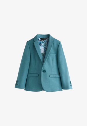 Türkisfarbener Blazer mit einem Knopf, mit Kerbkragen, Pattentaschen und geblümtem Innenfutter, präsentiert vor weißem Hintergrund.