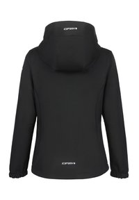 Czarna kurtka typu softshell z kapturem, teksturowana tkanina, elastyczne mankiety i logo na górnej części pleców. Posiada smukły, dopasowany fason.