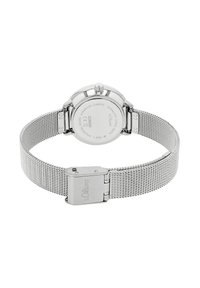 Silberne Mesh-Armbanduhr mit einem Gehäuse aus Edelstahl. Verfügt über einen runden Rücken mit eingravierten Details, wasserdicht bis zu 3 ATM.