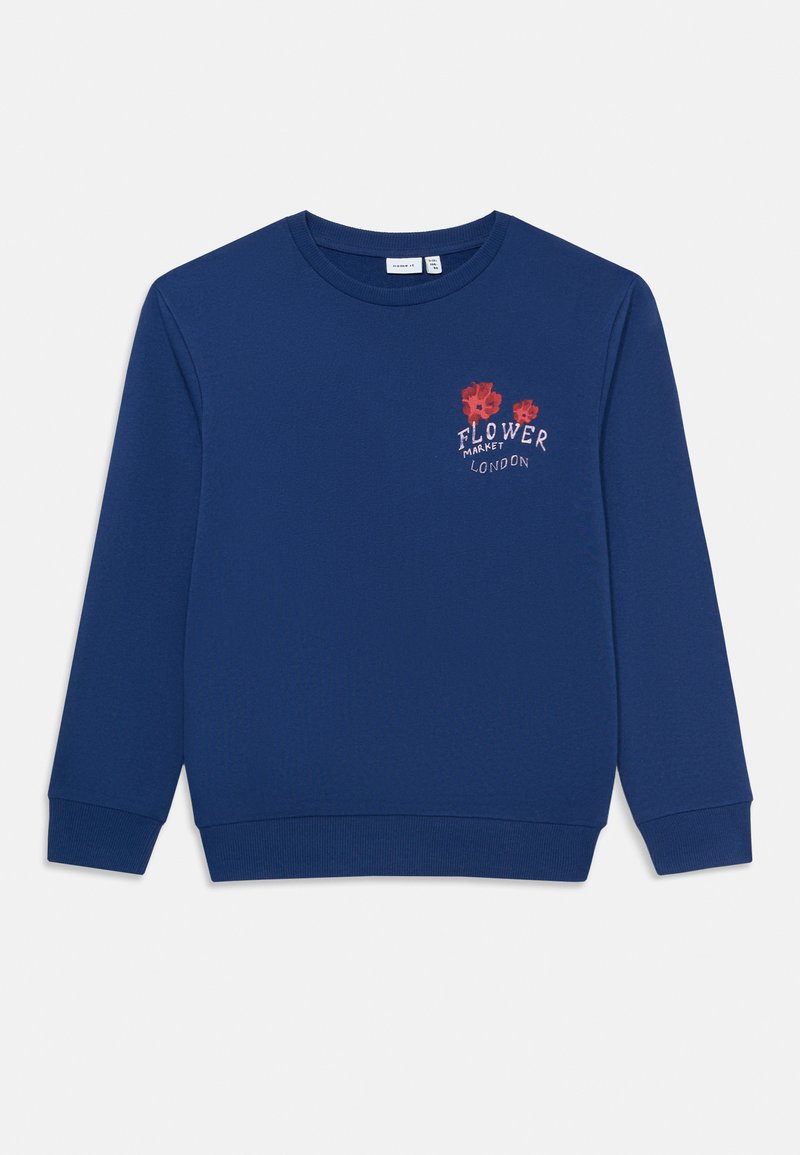 Navy zila garām piedurknēm sporta krekls ar sarkaniem ziedu grafikiem un tekstu "Flower Market London" uz krūtīm, ribotām piedurknēm un apakšmalu.