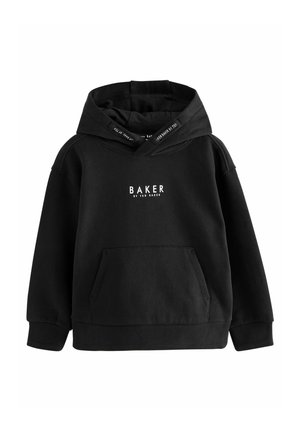 Hoodie en coton noir avec une poche avant, un capuchon à cordon de serrage et le texte blanc "BAKER by TED BAKER" sur la poitrine. Coupe standard, texture douce.