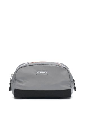 Piccola pochette grigia e nera con cerniera e logo del marchio K-Way centrato sul davanti, mostrata su sfondo bianco.