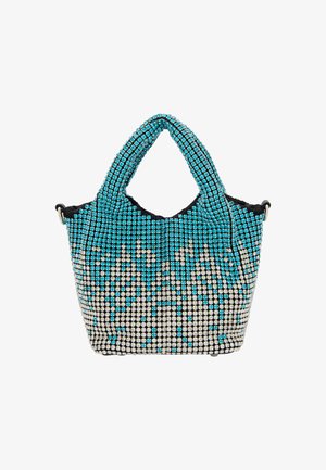 Perlekæde håndtaske med en gradient design i turkis og sølv. Tasken har et blødt sort interiør og to rundede håndtag.