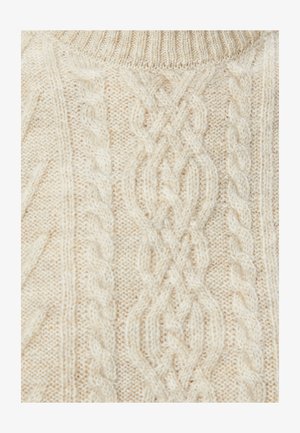 Crème kabelgebreide trui met gemêleerde patronen, een hoge halslijn en een chunky geweven ontwerp. Zacht en warm materiaal.