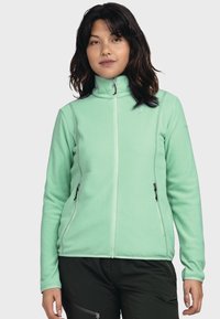 Helle mintgrüne Fleecejacke mit hohem Kragen, Frontreißverschluss, zwei seitlichen Reißverschlusstaschen und kontrastierenden Nähten.