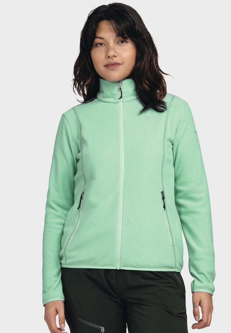 Helle mintgrüne Fleecejacke mit hohem Kragen, Frontreißverschluss, zwei seitlichen Reißverschlusstaschen und kontrastierenden Nähten.