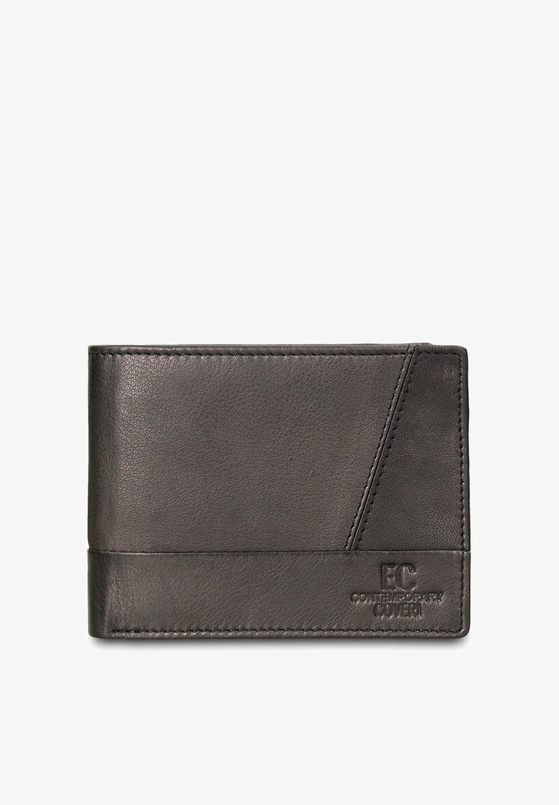 Zwarte leren portemonnee met een gestructureerde afwerking, voorzien van een geometrisch designelement en een geperst logo aan de voorkant. Compacte en rechthoekige vorm.