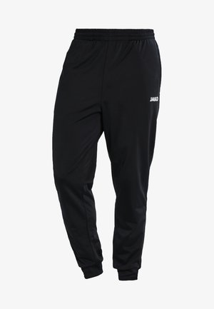 Schwarze Sporthose mit elastischem Bund, seitlichen Taschen und weißem "JAKO"-Logo an der unteren Wade. Hergestellt aus glattem, leichtem Stoff.
