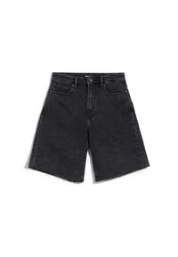 Pantalones cortos de mezclilla negra con cintura alta, cinco bolsillos y un dobladillo deshilachado. La tela tiene una textura suave con un ligero estiramiento.