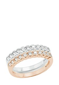 Två sammanlänkade ringar, en i roséguld och en i silver, med en rad inbakade klara ädelstenar längs den övre kanten.