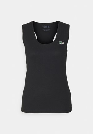 Melns bez piedurknēm topiņš, izgatavots no ribota auduma, ar kontrastējošu zaļu logotipu kreisajā krūtī un apaļu dekoltē.