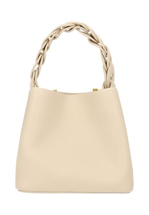 Geantă de mână din piele ecologică bej cu finisaj texturat, având un mâner împletit și accente din metal auriu. Design neted și structurat.