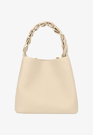 Beige Kunstleder-Handtasche mit strukturierter Oberfläche, ausgestattet mit einem geflochtenen Griff und goldfarbenen Beschlägen. Glattes, strukturiertes Design.