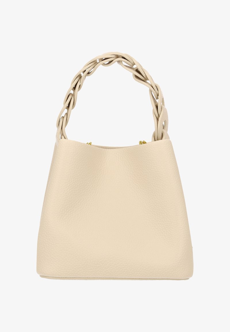 Geantă de mână din piele ecologică bej cu finisaj texturat, având un mâner împletit și accente din metal auriu. Design neted și structurat.