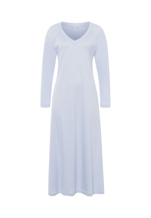 Langärmliges Kleid in Hellblau, mit V-Ausschnitt, geradem Schnitt und weichem Stoff. Glatte Textur ohne auffällige Muster oder Akzente.