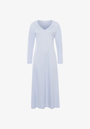 Pitkähihainen vaate vaaleansinisessä värissä, jossa on V-pääntie, suora leikkaus ja pehmeä kangas. Tasainen pinta ilman huomattavia kuvioita tai yksityiskohtia.