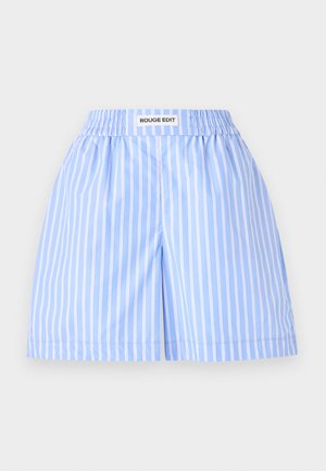 Heledad sinised lühikesed püksid valgete vertikaalsete triipudega, millel on kummist vöökoht, millel on silt "ROUGE EDIT". Sile, kergest kangast ja lõdva lõikega.