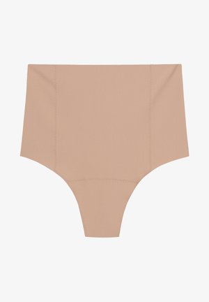 High-waisted briefs in a light beige color, made from a smooth, stretchy fabric with subtle stitching details and no visible seams.