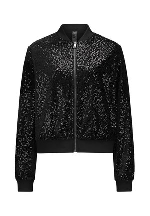 Schwarze Bomberjacke mit schwarzen Pailletten, mit durchgehendem Reißverschluss, geripptem Kragen, Bündchen und Saum auf weißem Hintergrund.