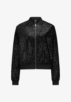 Schwarze Bomberjacke mit schwarzen Pailletten, mit durchgehendem Reißverschluss, geripptem Kragen, Bündchen und Saum auf weißem Hintergrund.