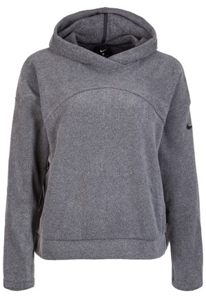 Grijze Nike fleece hoodie met lange mouwen, een kangaroozak aan de voorkant en een zwart Nike Swoosh-logo op de linker mouw.