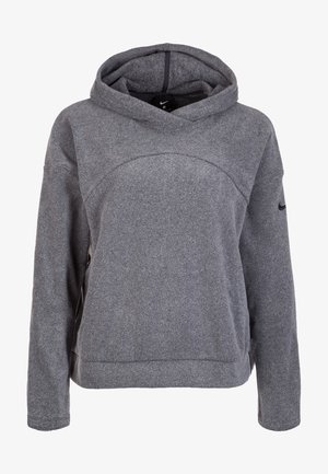 Szara bluza z kapturem Nike z polaru, z długimi rękawami, przednią kieszenią kangurka oraz czarnym logo Nike swoosh na lewym rękawie.