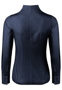 Marineblaue Langarmbluse mit glatter Textur, versehen mit kleinen weißen Punkten und einem Stehkragen, abgeschlossen mit geknöpften Manschetten.