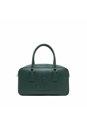 Borsa a baguette in ecopelle verde con forma strutturata, doppi manici, logo in rilievo, hardware in tono oro e chiusura con zipper.