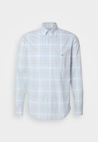 Camicia button-up a quadri blu chiaro con maniche lunghe, motivo a scacchi bianco e blu navy, e un piccolo logo sulla tasca del petto.