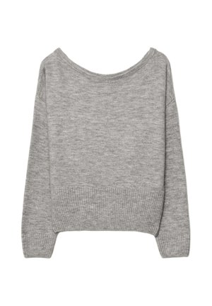 Pull gris court en tricot doux. Présente un col large, des poignets et un ourlet côtelés. Design simple sans motifs ni embellissements.