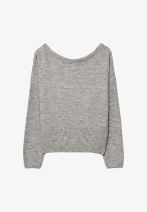 Maglione grigio corto in un morbido filato. Presenta un ampio scollo, polsini e orlo a coste. Design semplice senza motivi o decorazioni.