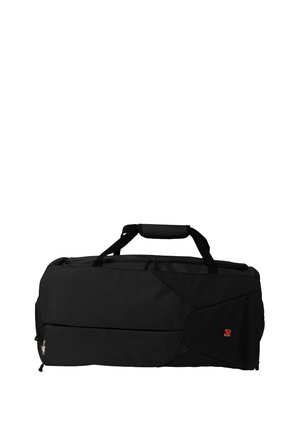 Sac de sport noir avec une surface texturée et des accents contrastants. Il dispose de poignées doubles, d'une fermeture éclair supérieure et d'une poche latérale pour un stockage supplémentaire.