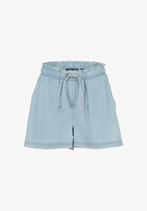 Shorts décontractés bleu clair avec taille élastique et cordon, poches latérales et coupe ample.